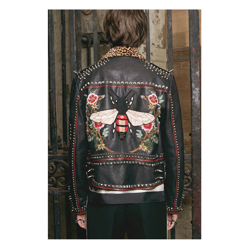 A leather biker jacket with studs and hand-painting by Alessandro Michele can be customized with types of leather and patch initials courtesy of Gucci DIY.