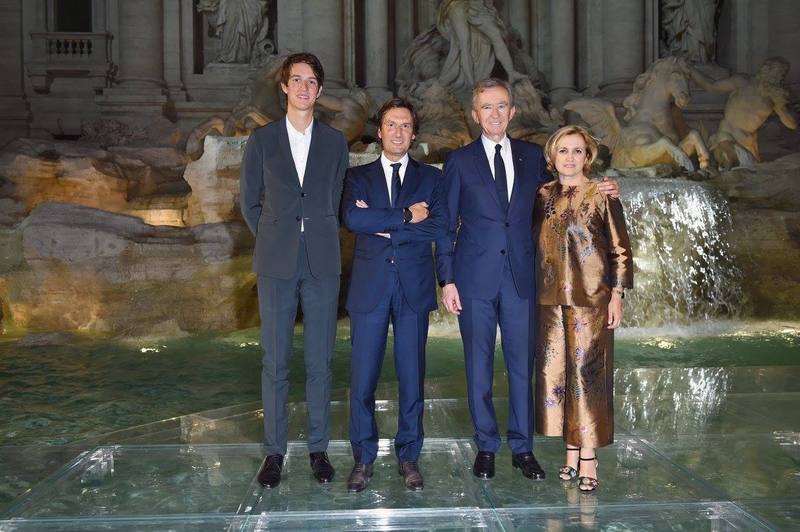 Alexandre Arnault, Pietro Beccari, Bernard Arnault and Silvia Venturini Fendi attend the Fendi Roma 90 Years Anniversary fashion show at Fontana di Trevi on July 7, 2016 in Rome, Italy