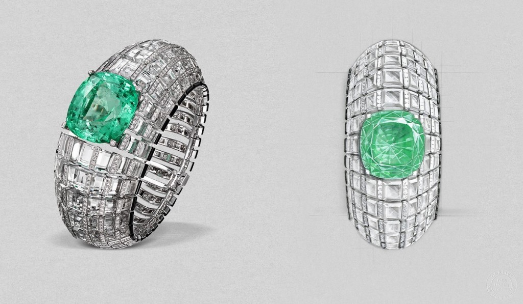 Cartier etourdissant  66.9-carat emerald glitters, set amongst rows of crystal