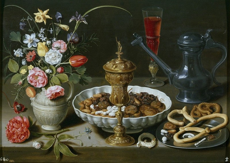 clara-peeterss-still-life-with-flowers-gilt-goblet-almonds-dried-fruits-sweets-biscuits-wine-and-a-pewter-flagon-1611