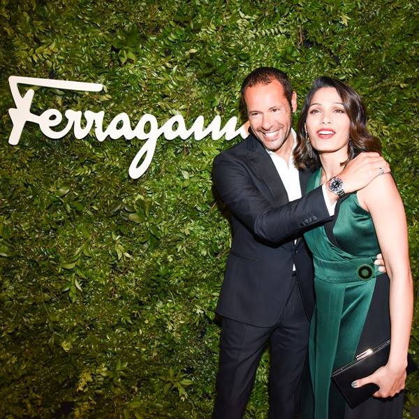 Freida Pinto wears Ferragamo with creative director Massimiliano Giornetti in Beverly Hills