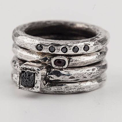 Henson -Hand carved rings with black diamonds , rubies and raw diamond cubes