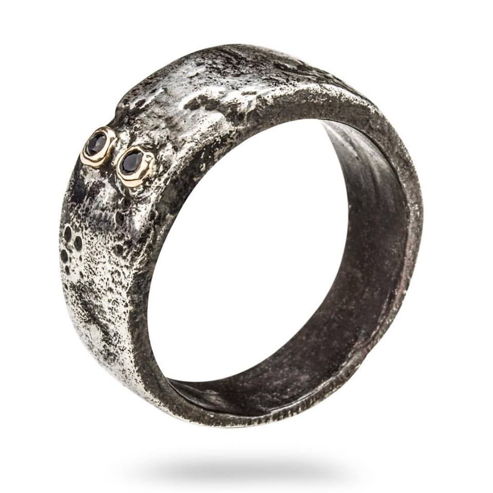 Henson weddin ring - Handmade and hand distressed band with two Australian Black Sapphires set in 9kt Gold