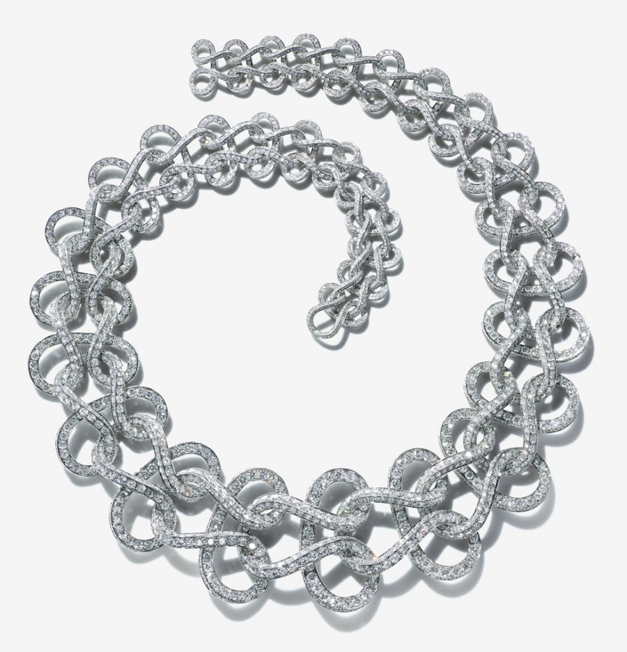 Necklace of diamonds in a wave pattern inspired by an archival watch chain from the 2015 Blue Book Collection.