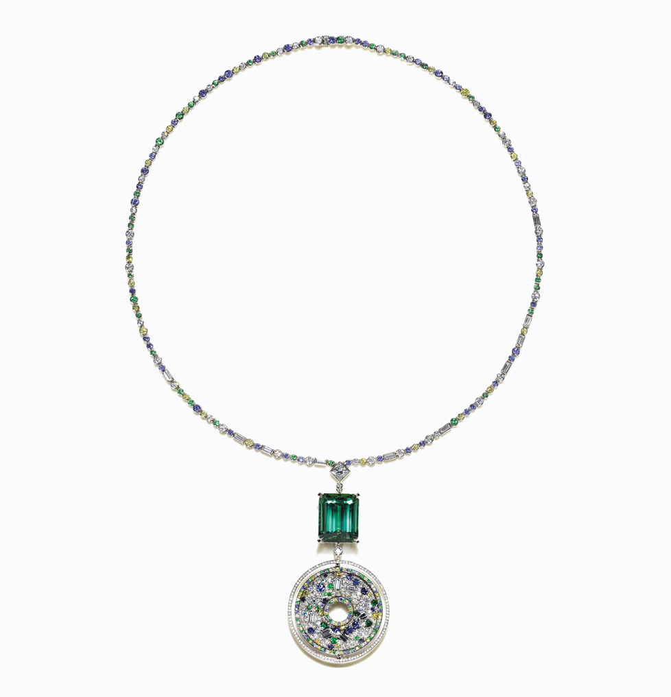 Necklace with a 19.44-carat emerald-cut green tourmaline, diamonds, sapphires and tsavorites from the 2015 Blue Book Collection.