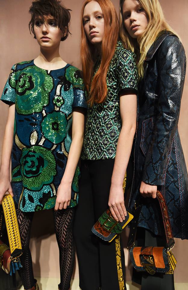 Sequins, jacquard and glossy leather line up backstage at the Burberry show