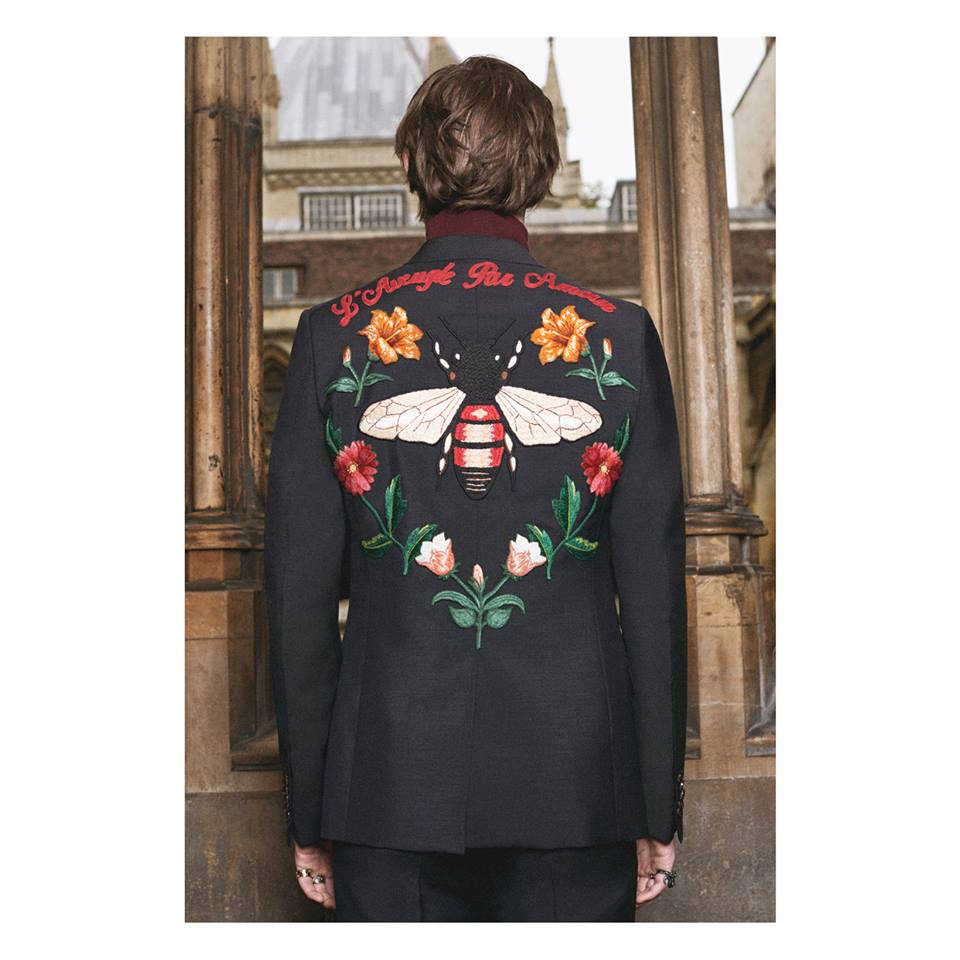 The GucciDIY service extends to Alessandro Michele’s tailored embroidered jacket.