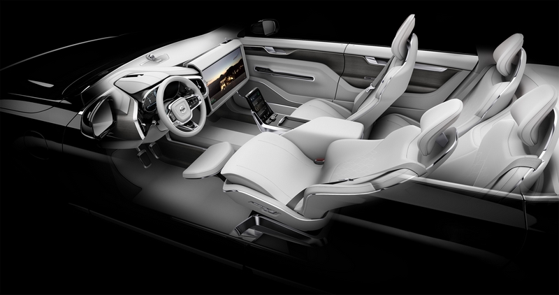 Volvo Cars Concept 26 - Wide angle shot of Relax mode with 25-inch screen flipped up and seat reclined