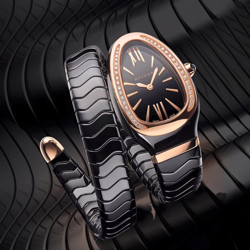 baselworld 2016 - bvlgari Serpenti Spiga watch -  the fresh and youthful charm of the Bulgari’s snake in black high-tech ceramic and pink