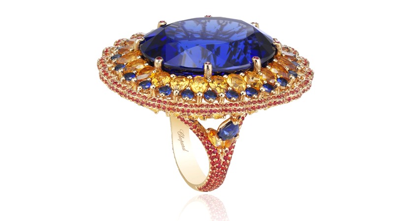 chopard Haute Joaillerie creations 2016 -ring with its 55ct tanzanite enlaced in golden spessartites