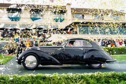 The coveted gold Best of Show ribbon placed on a 1937 Alfa Romeo 8C 2900B Touring Berlinetta at 2018 Pebble Beach Concours d’Elegance