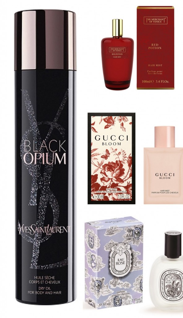 2 YSL Black Opium - Gucci Bloom Hair Mist -The Merchant Of Venice Red Potion Hair Mist - Diptyque Eau Rose Hair Mist