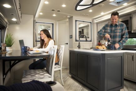 These new luxury motorhomes are replete with luxury appointments, including heated porcelain tiles and kitchen islands