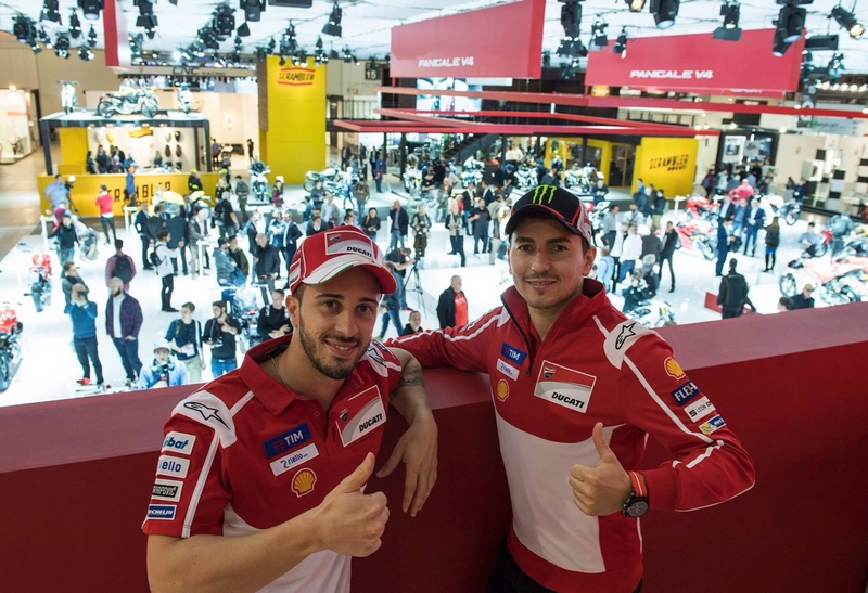 Ducati riders Andrea Dovizioso and Jorge Lorenzo visiting the Ducati stand at EICMA 2017