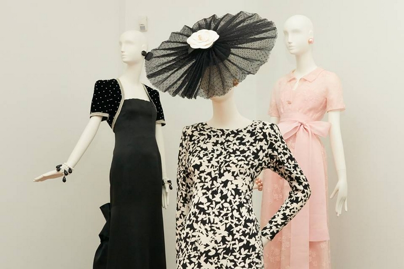Hubert de Givenchy. To Audrey with Love exhibition photos - The Black-and-White dress in the foreground 1989-1990 worn by Audrey Hepburn
