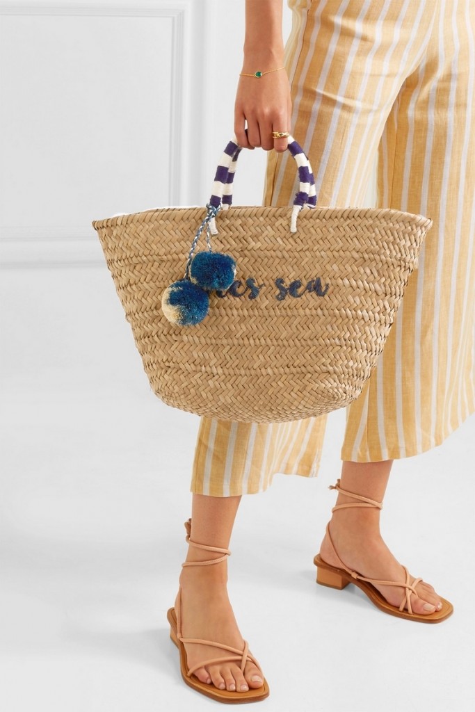 Kayu St Tropez pompom-embellished embroidered woven straw tote
