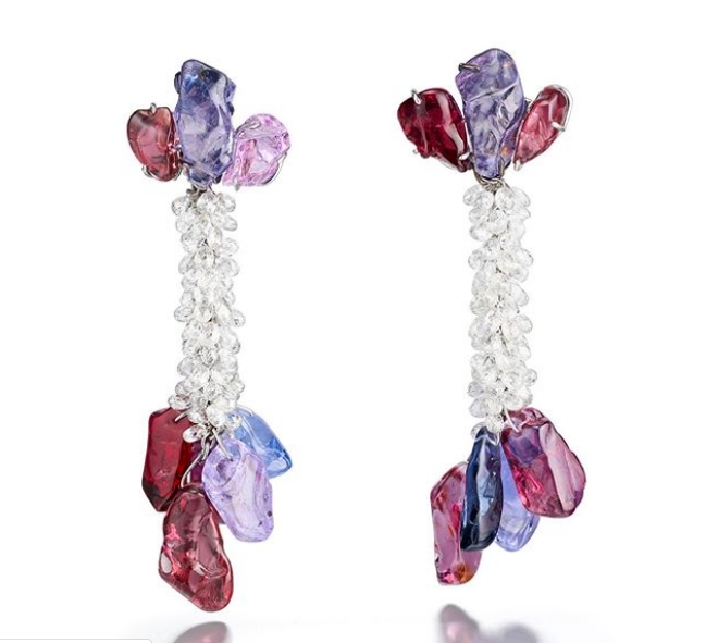 Suzanne Syz Pop Earrings set with semi rough spinels and briolette diamonds