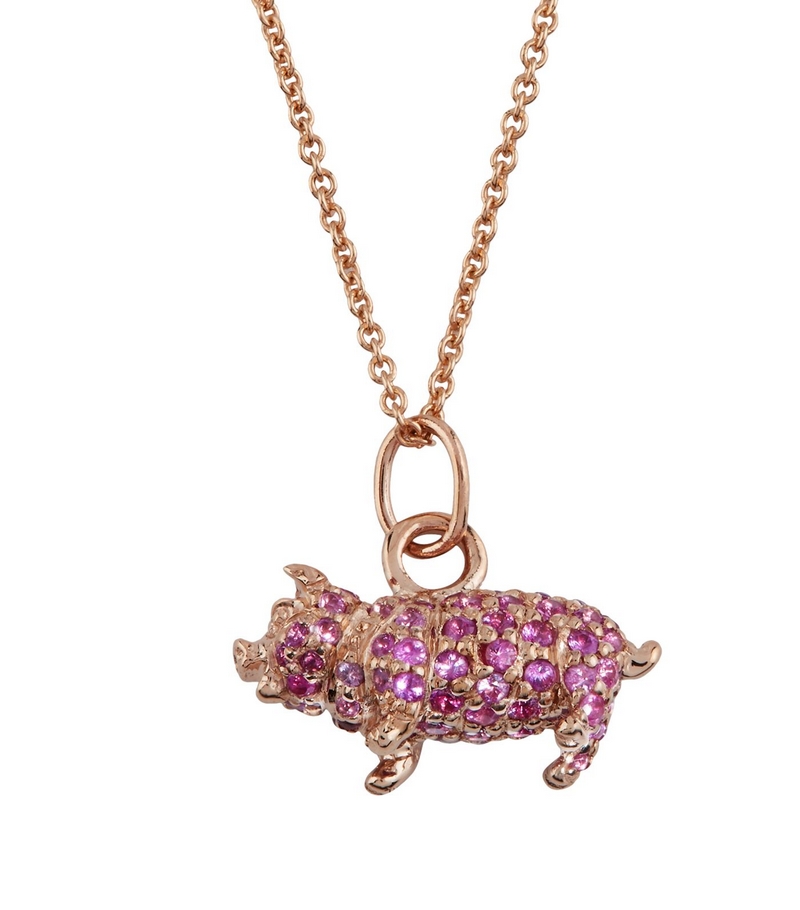 Sydney Evan Rose Gold and Pink Sapphire Pig Necklace